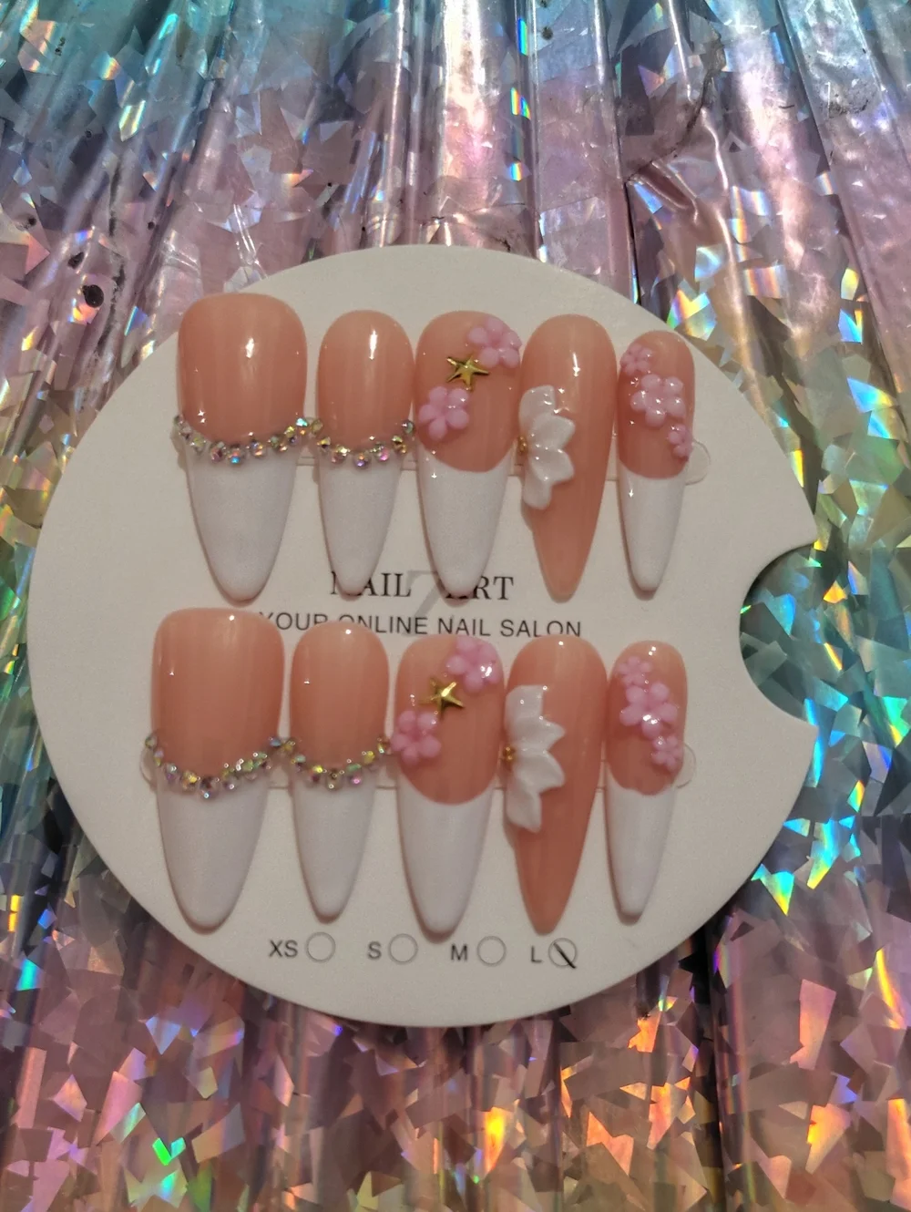 Peach Pink Floral French Press-On Nails with White Tips